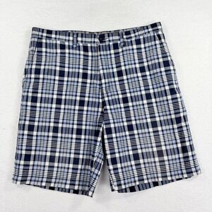 Sonoma‎ Shorts Mens 38 Blue White Plaid Cotton Casual Chino Flat Front Dad Core